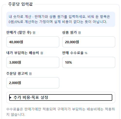 FluxTools 판매 수익 계산기에 판매가 40,000원, 원가 20,000원, 배송비 3,000원, 수수료 10%, 광고비 2,000원을 입력한 화면