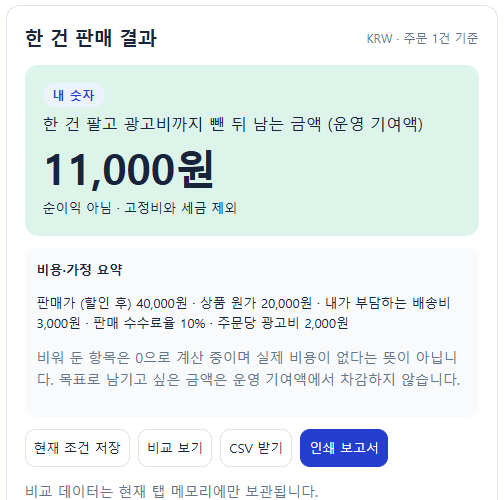 계산 결과 운영 기여액 11,000원이 표시된 화면
